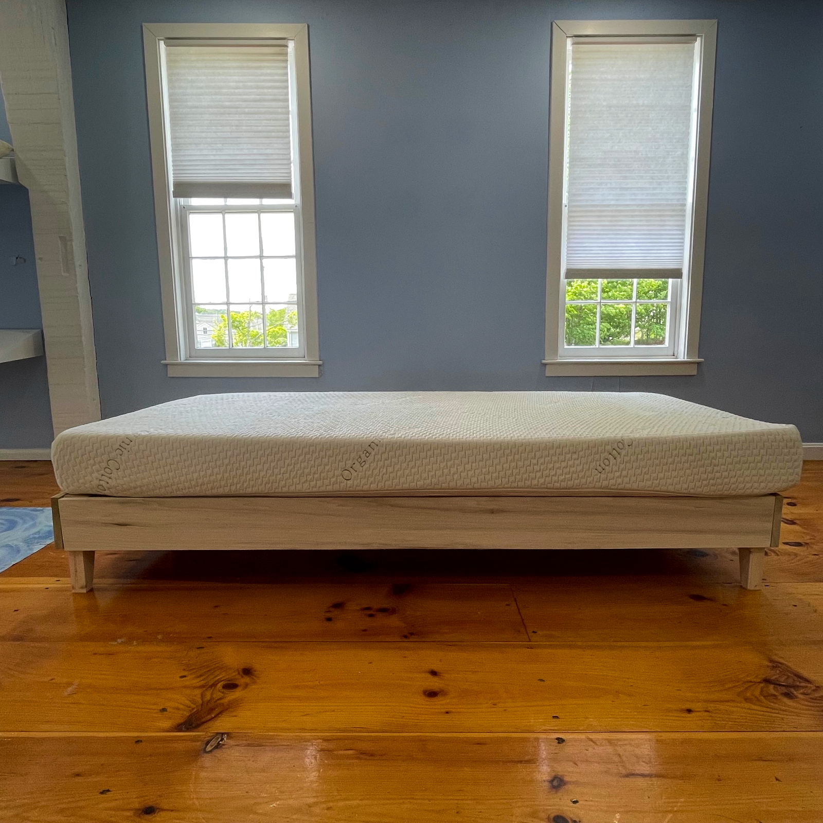 Mattress on a wooden bed frame in a room with blue walls and windows.