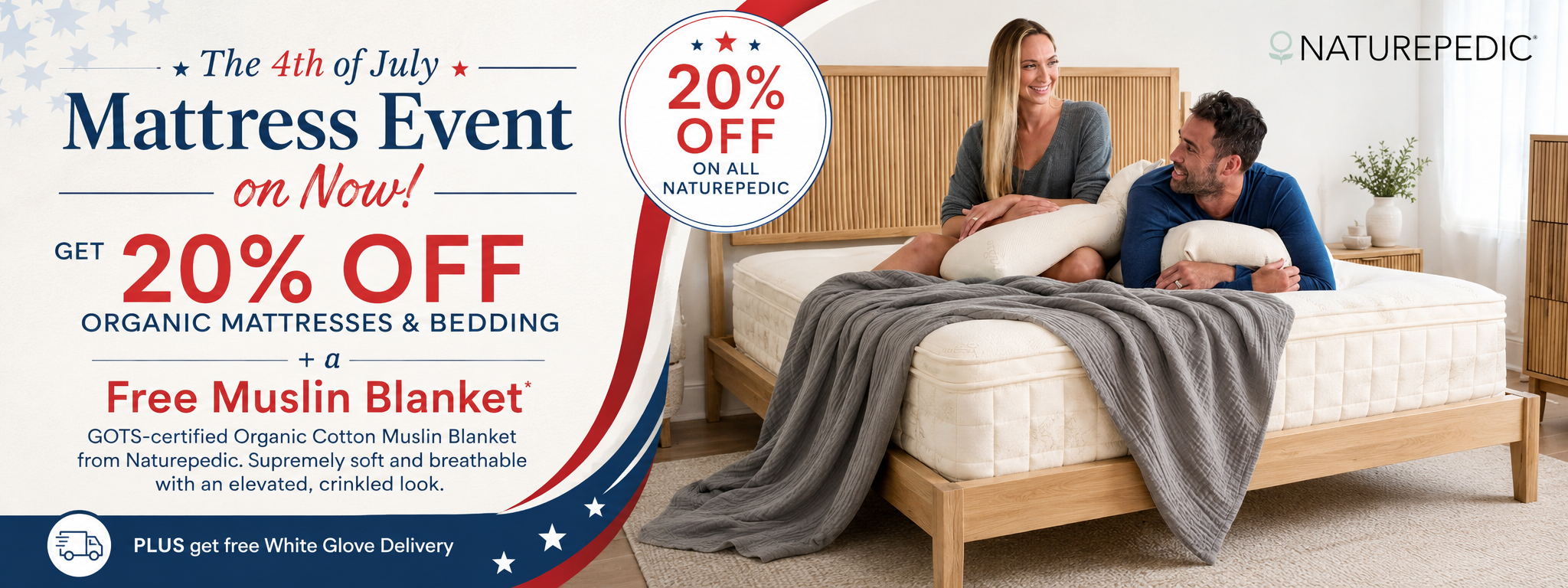 Advertisement for Naturepedic mattress event with a couple on a bed, featuring a 20% off discount.