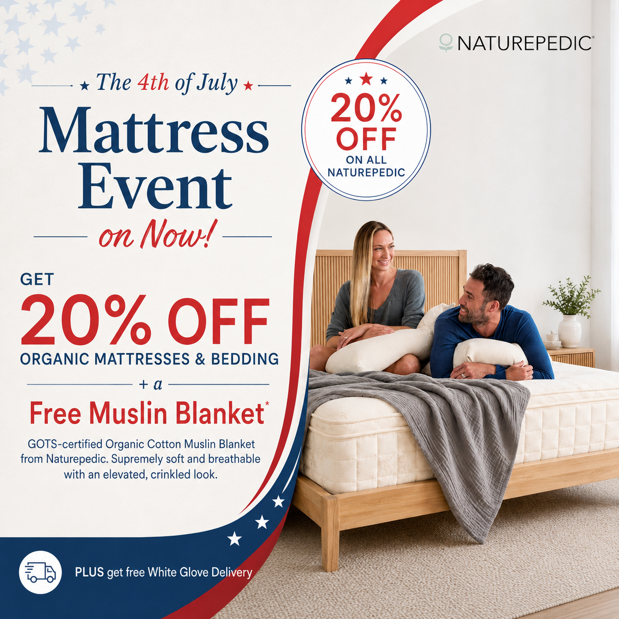 Advertisement for Naturepedic mattress event with a couple on a bed and promotional text.