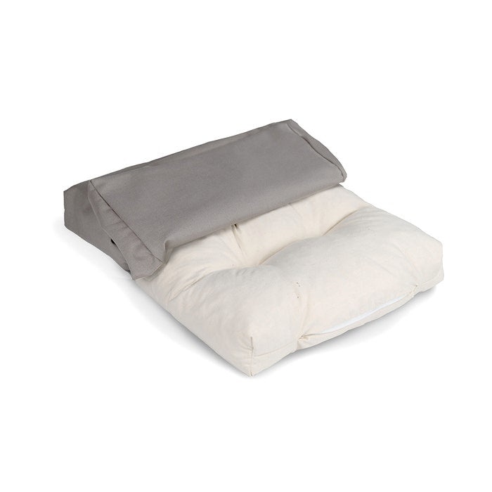 Naturepedic Organic Pet Bed with Washable Waterproof Cover exposing bed underneath with cover slightly zipped off
