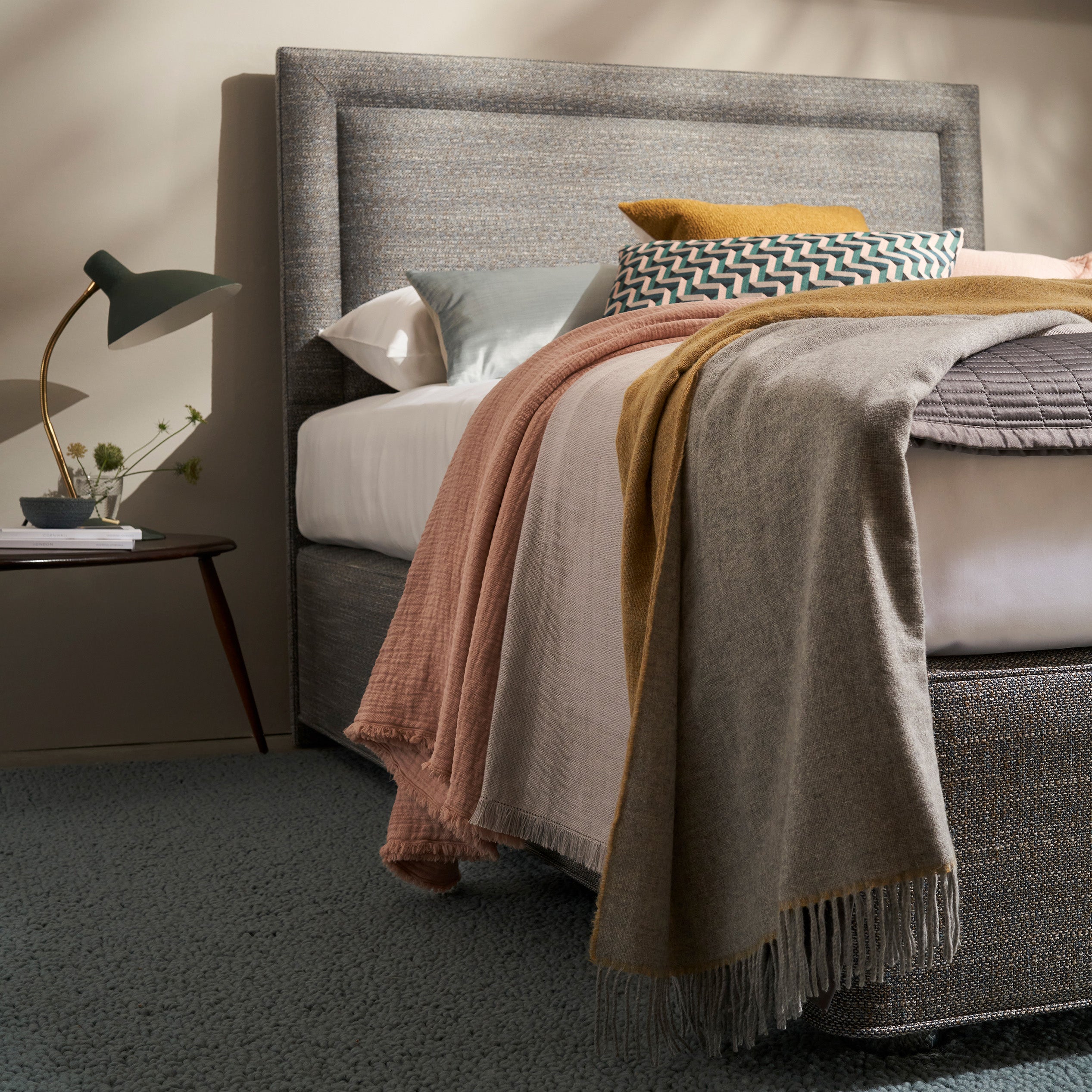 Vispring Coronet Mattress 3/4 profile shot, dressed.