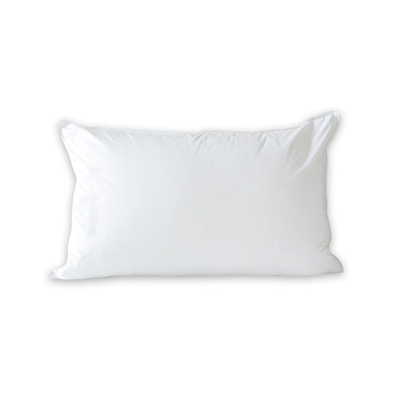 The Pillow Bar Custom Down Sleeping Pillows stacked in sizes standard, queen, and king.