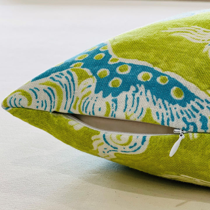 Foo Dog Printed Linen Pillow Cover zipper detail.