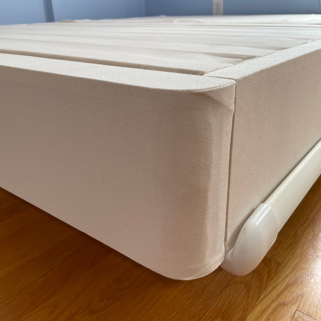 Corner view  Full-Size TOM Atlas 6" Upholstered Slatbox Foundation