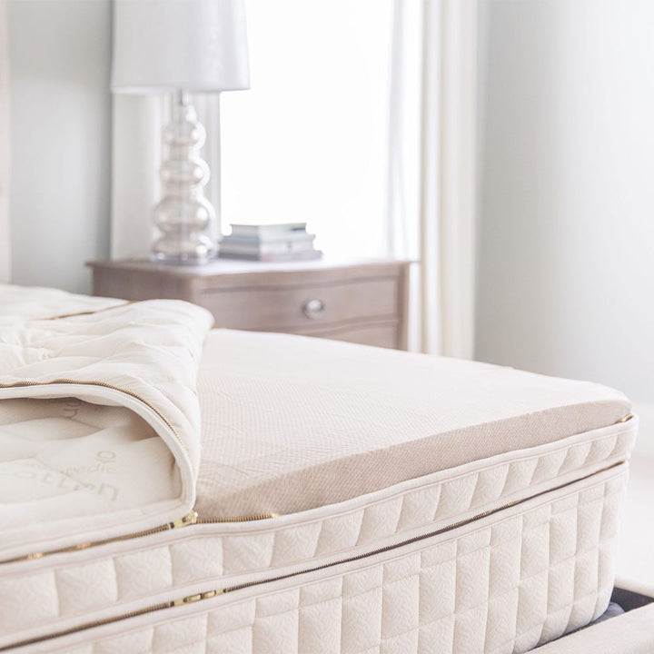 Naturepedic EOS Pillowtop detail shot of unzipped cover with exposed organic latex layer.